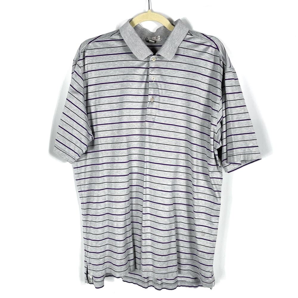 Peter Millar Polo Shirt Gray Purple Stripe Short Sleeve‎ Cotton Golf Sz M Men's